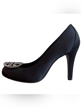 Tory Burch Black Satin Crystal Medallion Stiletto Pumps Heels Size 7